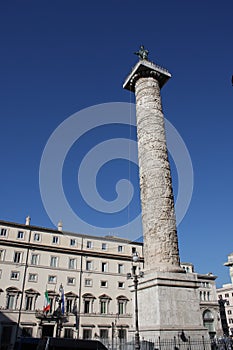 The marble Column of Marcus Aurelius in Piazza Colonna square in Rome, Italy. It is a Doric column about 100 feet high built in 2n