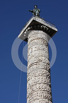 The marble Column of Marcus Aurelius in Piazza Colonna square in Rome, Italy. It is a Doric column about 100 feet high built in 2n