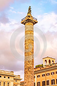 Marble column of Marcus Aurelius with spiral relief on Piazza Colonna, Rome, Italy