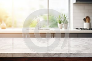 Marble counter table top on blurred kitchen background can be used mock up for montage products display or design layout. Created
