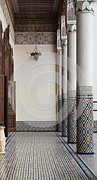 The marble craft and wooden painting of corridor at Marakesh mus