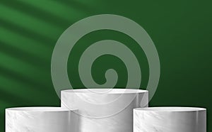 Marble cylinder podium product display at green background and sunlight