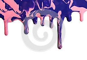 Marble drops flowing down.Liquid texture of mixed nail polish.Pink and purple combination.Isolated on white