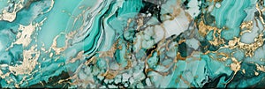 Marble effect background. Acrylic Fluid Art. Dark green waves in abstract ocean and golden foamy waves. Blue creative