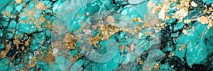 Marble effect background. Acrylic Fluid Art. Dark green waves in abstract ocean and golden foamy waves. Blue creative