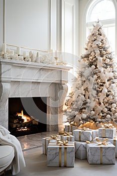 Marble fireplace with Chrismass tree and goft boxes