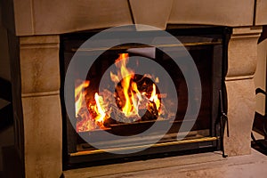 Marble fireplace in which the fire burns