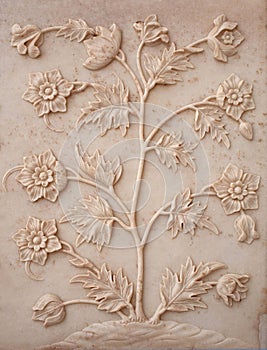 Marble flowers bas-relief - exterior detail of Taj Mahal, Agra, Uttar Pradesh, India