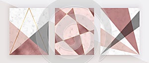 Marble geometric design with pink and grey triangular, golden polygonal lines. Modern background for wedding invitation, banner, c