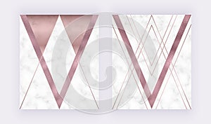 Marble geometric design with pink and grey triangular, rose gold foil texture, polygonal lines. Modern background for wedding invi