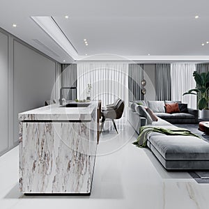 Marble kitchen island in living room with dining table and chairs