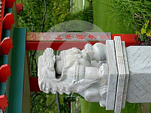 Marble lion amidst Chinese-style architecture (I)