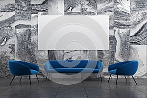 Marble living room, blue sofa, armchairs, poster