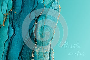 Marble Modern texture in blue color. Alcohol ink splash with isolated gold foil dots. Trendy poster design. Liquid flow