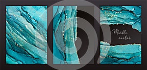 Marble Modern texture in blue color. Alcohol ink splash with isolated gold foil dots. Trendy poster design. Liquid flow