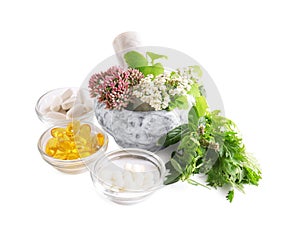Marble mortar with fresh herbs and pills on white background