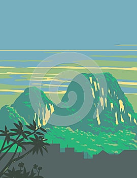 Marble Mountains or Five Elements Mountains Ngu Hanh Son District Vietnam WPA Art Deco Poster