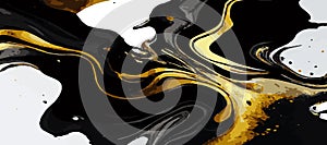 Marble panoramic texture, black gold colored marble surface, curved lines, bright abstract background design - Vector