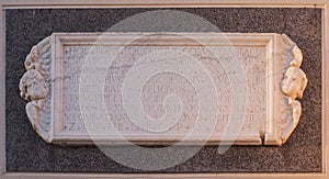 Marble plaque erected by Garcia Fernandez Manrique de Lara y Toledo, count of Osorno. Galisteo, Spain