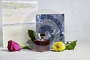 marble podium or stone beauty with perfume bottle, pink and yellow rose flowers. Product promotion Beauty cosmetic showcase