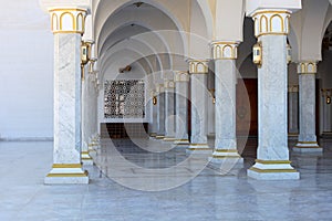 Marble posts of Mubarak Mosque, Islamic church in Egypt. Big mosque in Sharm-El-Sheikh at daytime. Architecture details