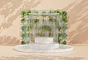 Marble product display podium with waterfall and fern plants