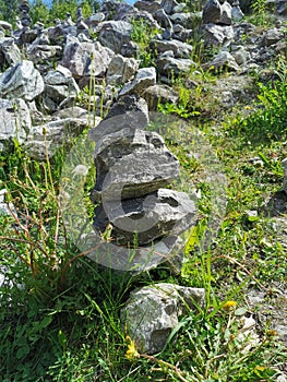 A marble pyramid built on the slope of the White Mountain to fulfill a wish in the Ruskeala Mountain Park on a sunny summer day