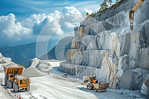 In marble quarry, large excavator a bulldozer are working alongside big truck