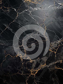 Marble. Realistic texture of black marble with gold and white veins. Unique surface of noble stone. Generated by a neural network.