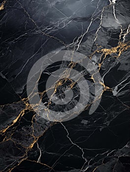 Marble. Realistic texture of black marble with gold and white veins. Unique surface of noble stone. Generated by a neural network.