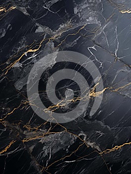 Marble. Realistic texture of black marble with gold and white veins. Unique surface of noble stone. Generated by a neural network.