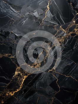 Marble. Realistic texture of black marble with gold and white veins. Unique surface of noble stone. Generated by a neural network.