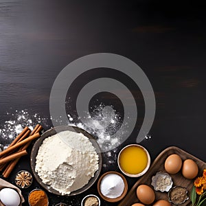 Marble rolling pin with flour and eggs on a dark background. Baking background. Baking background. Baking ingredients: flour, eggs