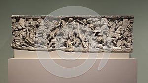 Marble sarcophagus with a battle scene on display in the Dallas Museum of Art in Dallas, Texas.