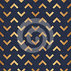 Marble seamless pattern with gold geometric elements. Repeated blue geo background with marble effect for design prints. Repeating