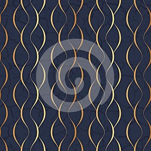 Marble seamless pattern. Gold wavy line. Golden stripes twist on blue background. Abstract texture foil. Elegant patern. Delicate