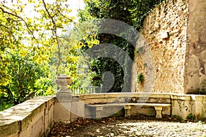 Marble seating area at the Botanic Garden (Orto Botanico),Trastevere, Rome, Italy.