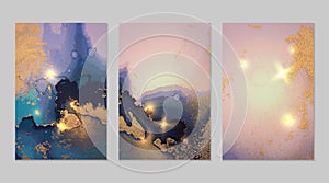 Marble set of pink, gold and blue backgrounds with texture