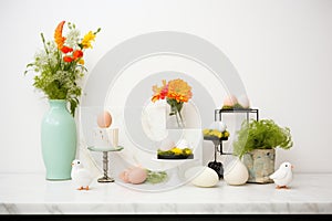 marble slab, chick cupcakes, eggshell planters, mint corsages