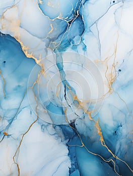 Marble. Spectacular realistic texture of blue marble with white and gold veins. Modern background. Generated by a neural network.