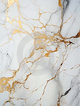 Marble. Spectacular realistic texture of white marble with dark and gold veins. Modern background. Generated by a neural network.