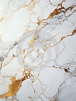 Marble. Spectacular realistic texture of white marble with dark and gold veins. Modern background. Generated by a neural network.