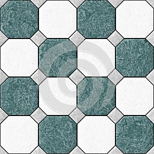 Marble square floor tiles with gray rhombs seamless pattern texture background - blue, green and white color