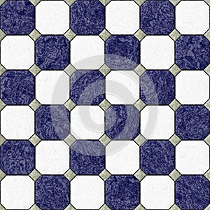 Marble square floor tiles with gray rhombs seamless pattern texture background - navy blue and white color