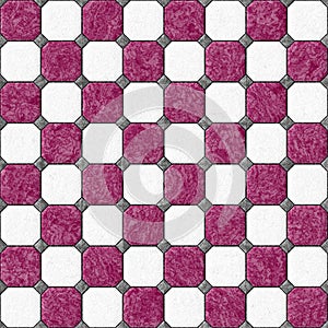 Marble square floor tiles with gray rhombs seamless pattern texture background - white and hot pink color