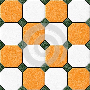 Marble square floor tiles with green rhombs seamless pattern texture background - orange and white color