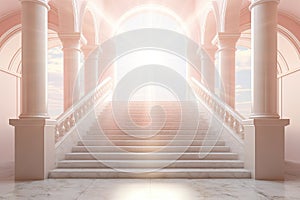 Marble staircase ascends towards radiant light, stairway to heaven concept