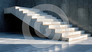 Marble stairs against a textured concrete wall, bathed in natural sunlight creating a play of light and shadow