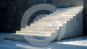 Marble stairs against a textured concrete wall, bathed in natural sunlight creating a play of light and shadow