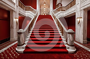 Marble stairs red carpet historic hotel. Generate Ai